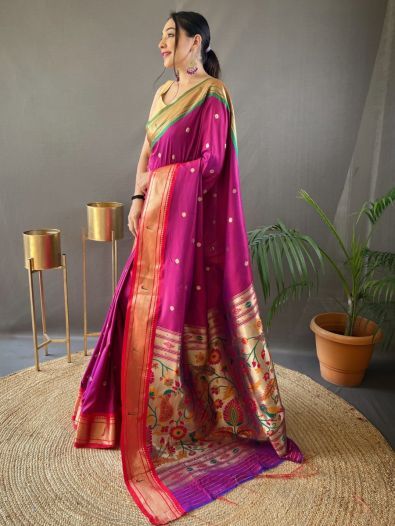 Bewitching Dark Pink Zari Work Silk Festive Wear Saree
