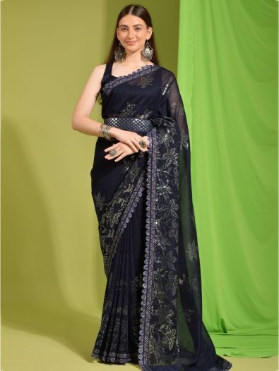 Mesmerizing Navy Blue Sequins Georgette Party Wear Saree With Blouse