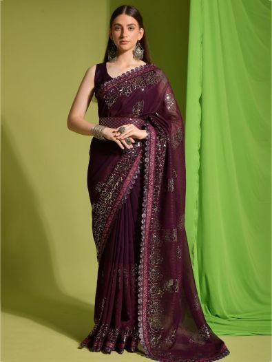 Bewitching Wine Sequins Georgette Reception Wear Saree With Blouse