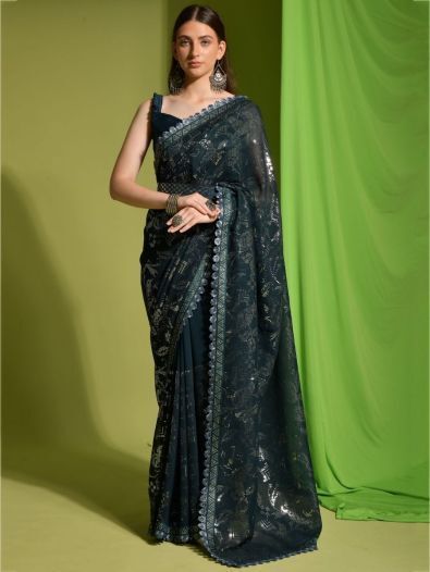 Alluring Dark Green Sequins Georgette Party Wear Saree With Blouse