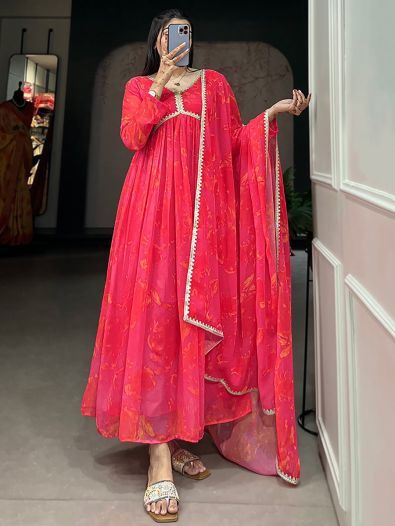 Amazing Pink Floral Printed Georgette Events Wear Gown With Dupatta