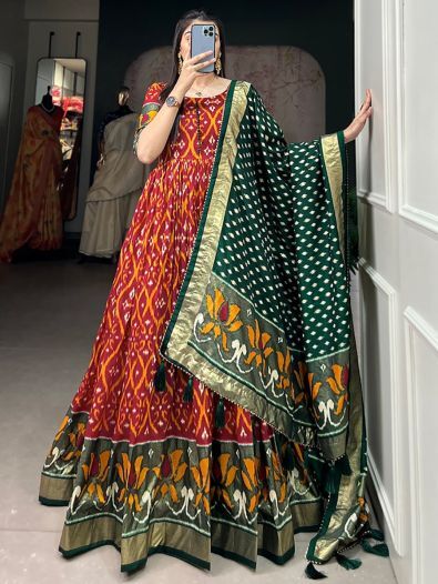Enticing Red Patola Printed Silk Festive Wear Gown With Dupatta