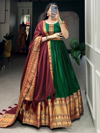Stunning Green Zari Woven Cotton Festive Wear Gown With Dupatta