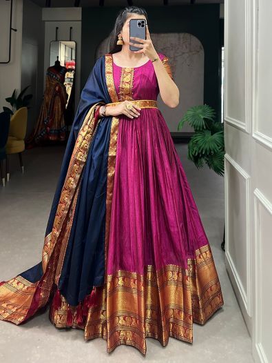 Awesome Pink Zari Woven Cotton Festive Wear Gown With Dupatta
