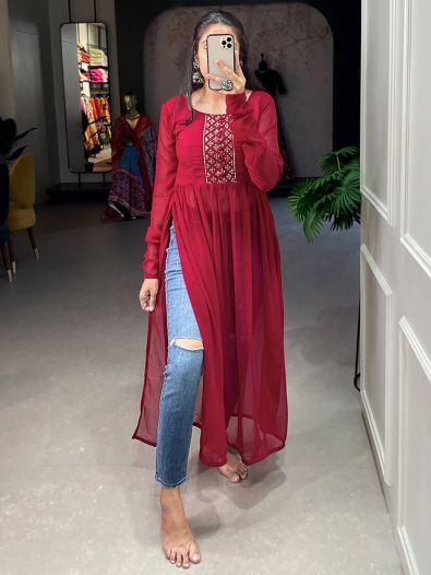 Charming Red Embroidered Work Georgette Event Wear Nayra Cut Kurti