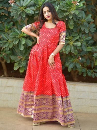 Captivating Red Zari Weaving Banarasi Silk Event Wear Gown