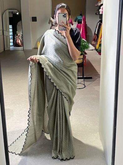 Wonderful Grey Arca Work Gadhawal Chex Event Wear Saree With Blouse