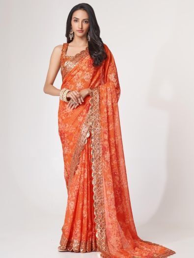 Gorgeous Orange Floral Print Organza Wedding Wear Saree With Blouse