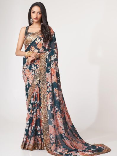 Beautiful Dove Blue Floral Print Organza Party Wear Saree With Blouse