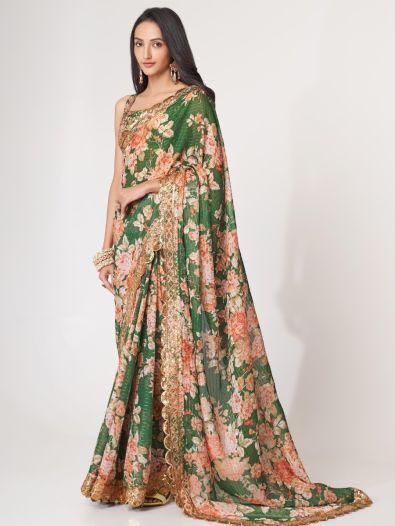Attractive Green Floral Print Organza Festival Wear Saree With Blouse