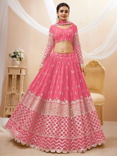 Alluring Pink Sequins Georgette Bridesmaid Lehenga Choli With Dupatta