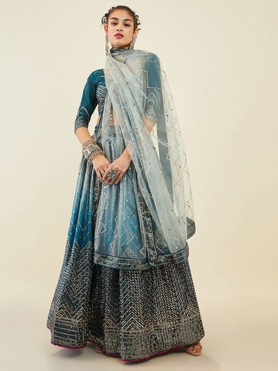 Awesome Blue Sequins Art Silk Wedding Wear Lehenga Choli With Dupatta