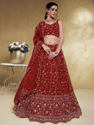 Lovely Red Sequins Georgette Lehenga Choli With Dupatta 