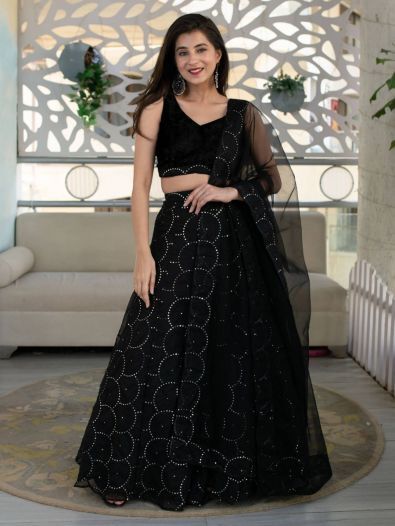 Stunning Black Embroidery Organza  Reception Wear Lehenga Choli