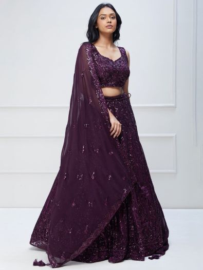 Excellent Purple Sequins Georgette Reception Wear Lehenga Choli