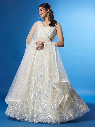 Exquisite White Sequins Net Sangeet Wear Lehenga Choli With Dupatta