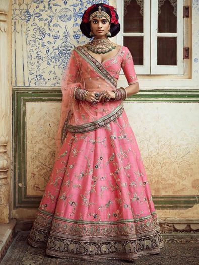 Sensational Pink Colored Bridal wear Embroidered Art Silk Lehenga Choli
