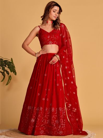 Spectacular Red Sequins Georgette Reception Wear Lehenga Choli