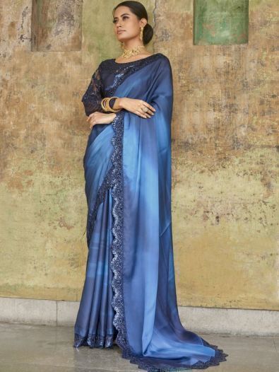 Attractive Blue Embroidered Satin Party Wear Saree With Blouse