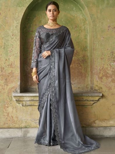 Astonishing Grey Embroidered Satin Party Wear Saree With Blouse