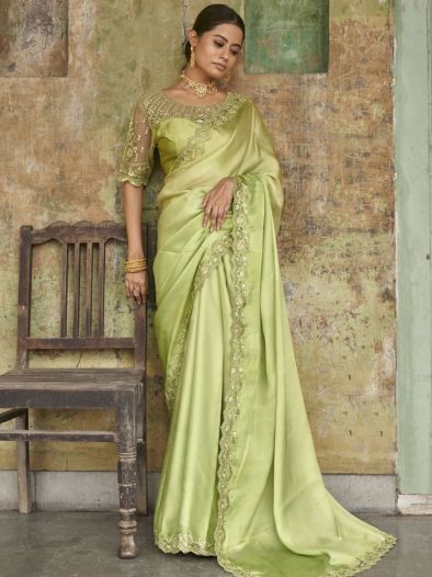 Awesome Green Embroidered Satin Festival Wear Saree With Blouse