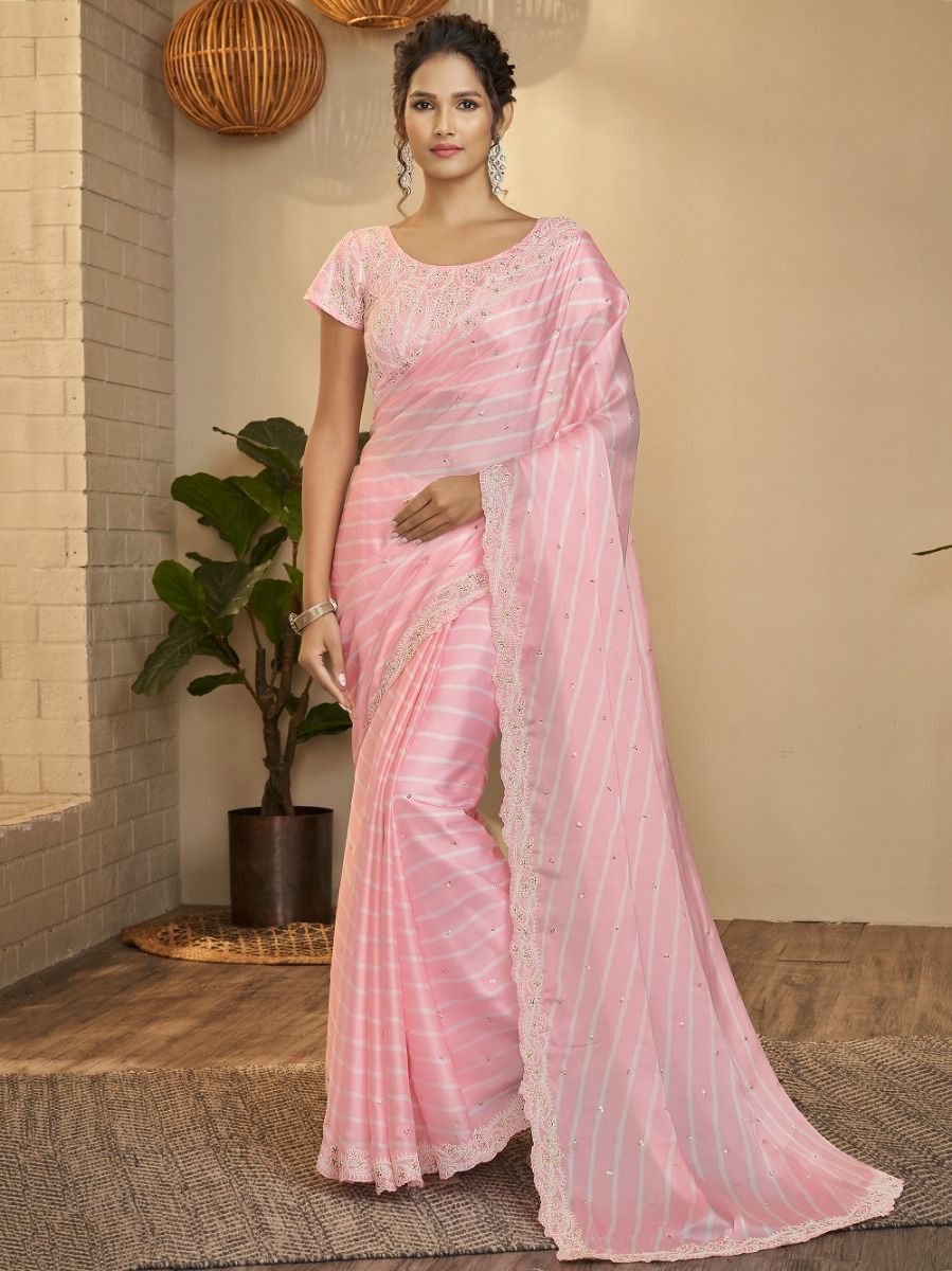 Snazzy Baby Pink Silk Printed Festival Wear Saree For Women