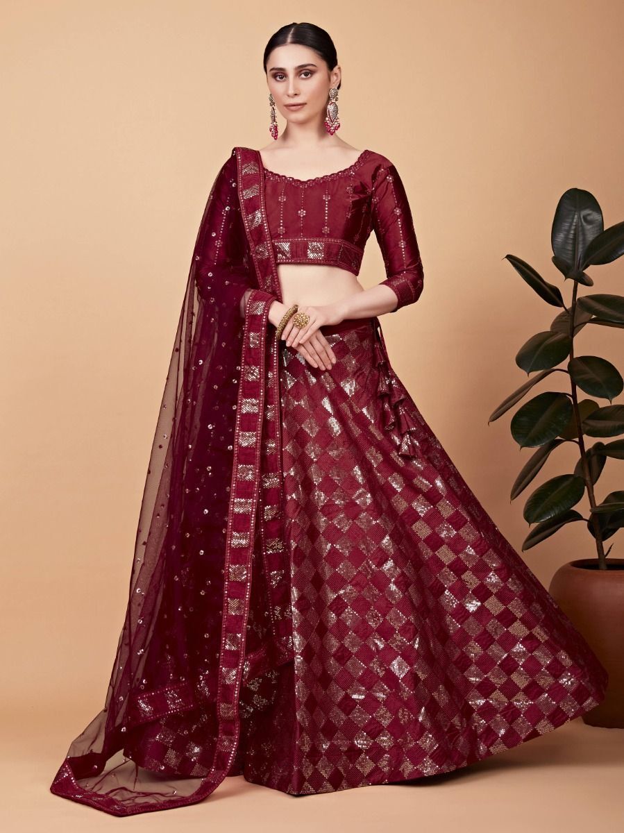 Adorable Cherry Red Embroidered Silk Wedding Wear Lehenga Choli
