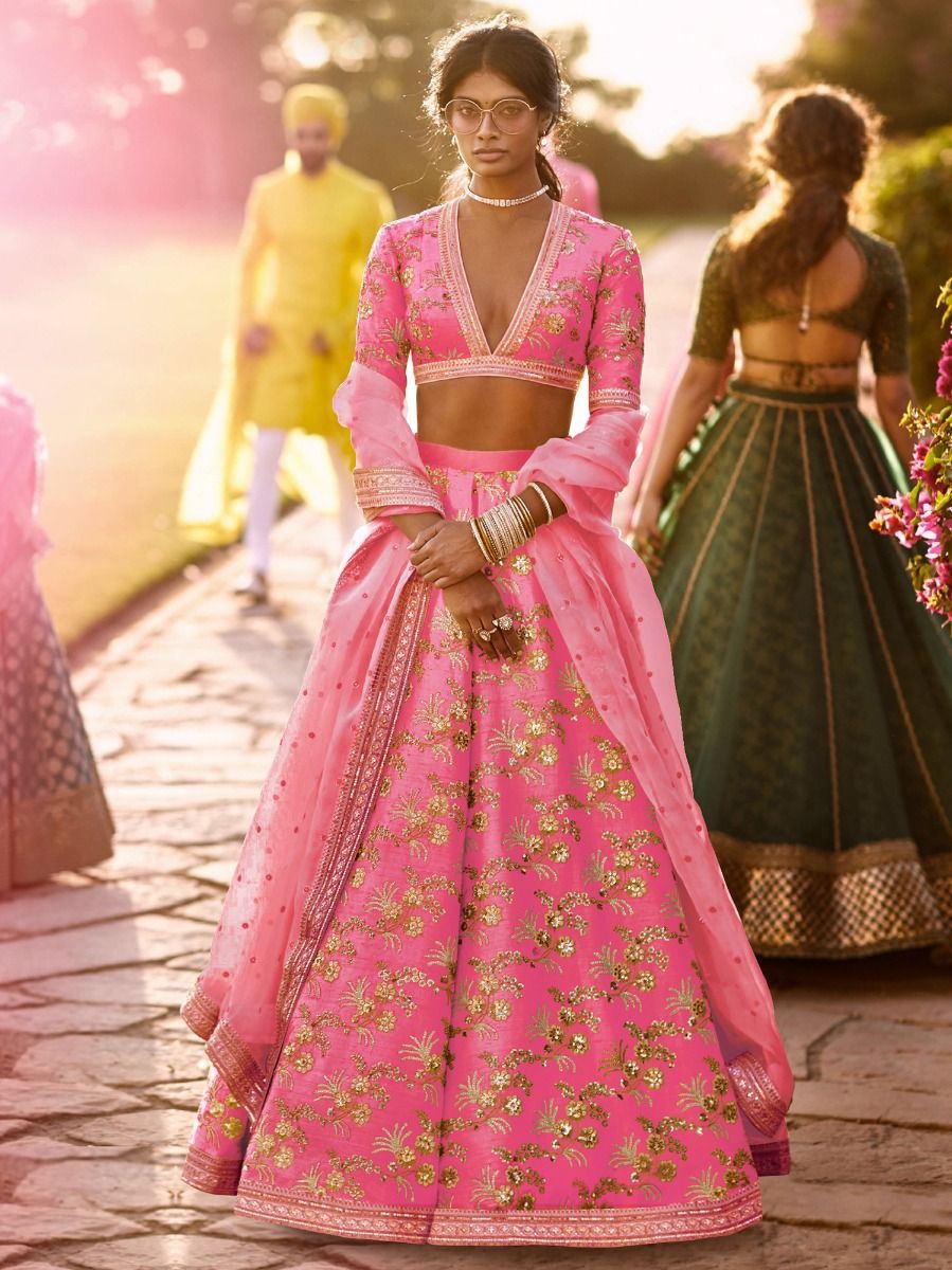 Hypnotic Pink Colored Wedding Wear Embroidered Satin Lehenga Choli