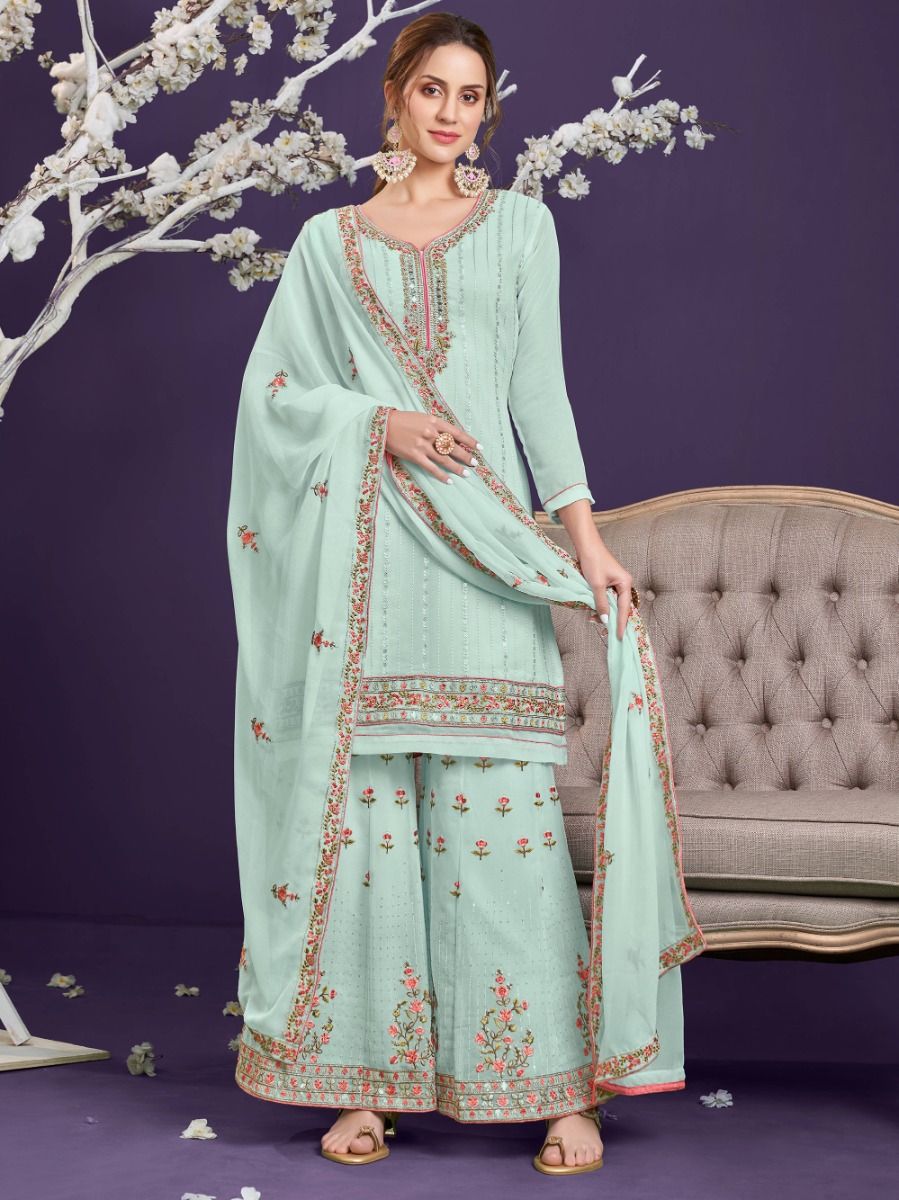 Delighting Misty Teal Thread work Georgette Party Wear Sharara Suit