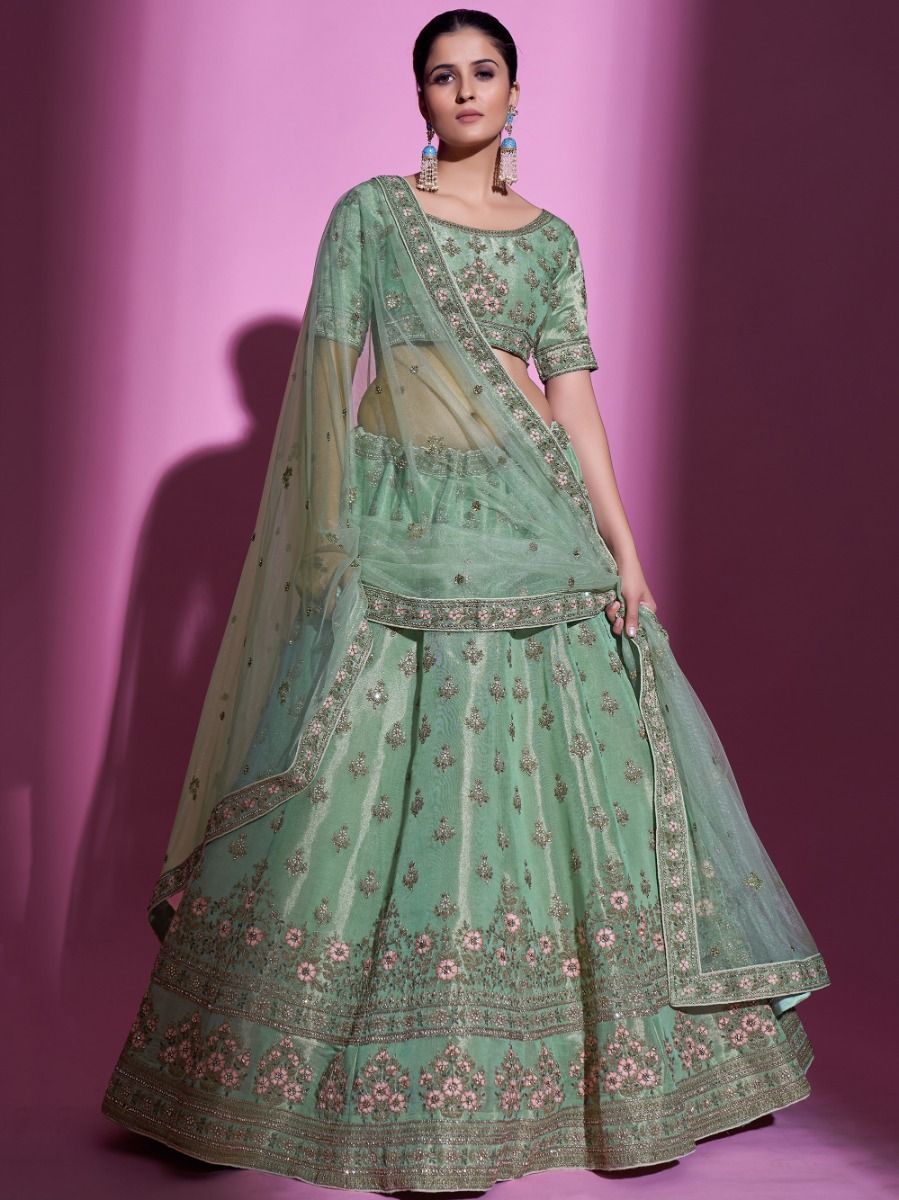 Gorgeous Pista Green Zari Work Gota Silk Reception Wear Lehenga Choli