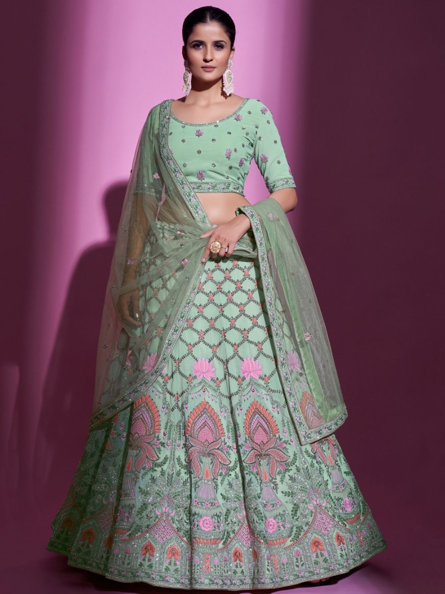 Buy Pista Green Silk Lehenga With Embroidery Online | Like A Diva