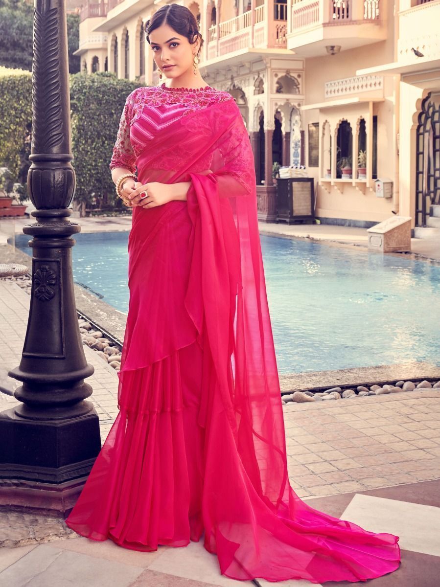 ME3727 Designer Beige Shaded Red Pink Net Chiffon Saree