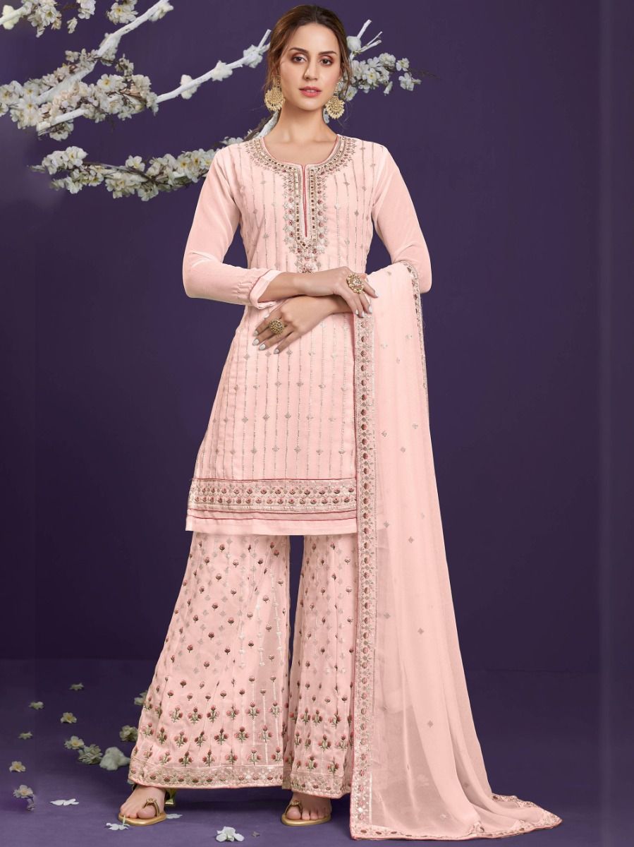 Buy Charming Pale Pink Thread Work Georgette Party Wear Sharara ...