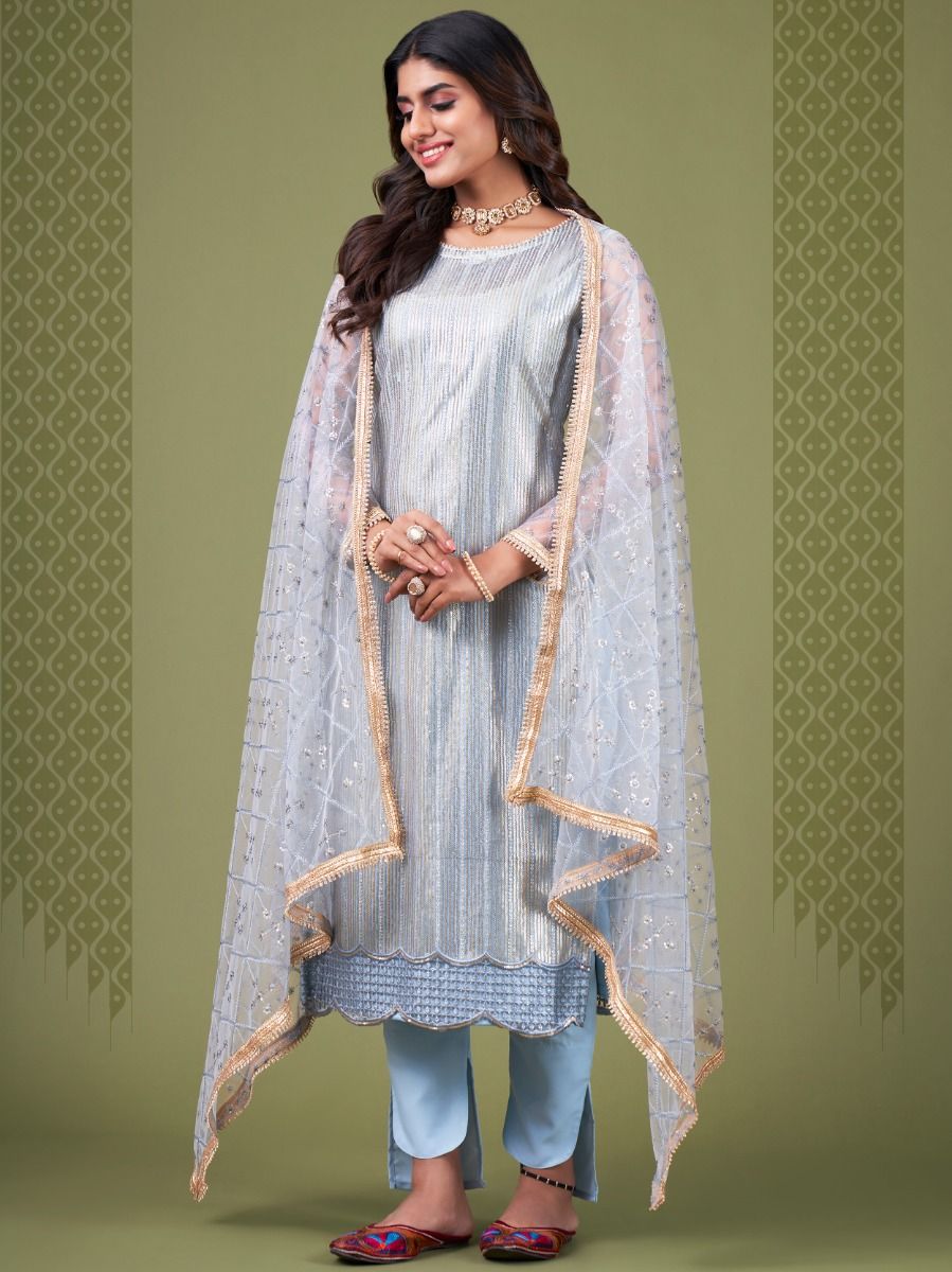 Spectacular Sky Blue Heavy Embroidery Net Salwar Suit With Dupatta