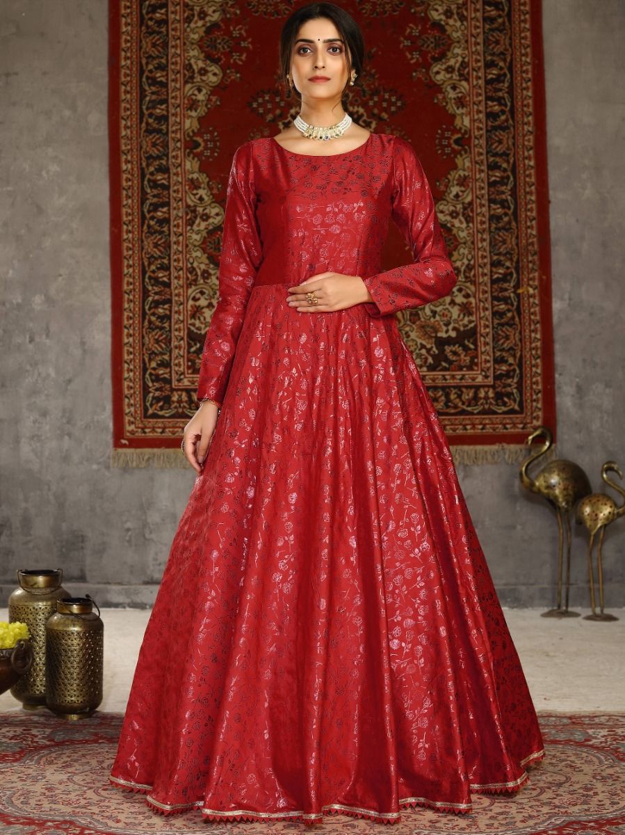 Buy Glamorous Red Metallic Foil Taffeta Party Wear Gown From Zeel ...