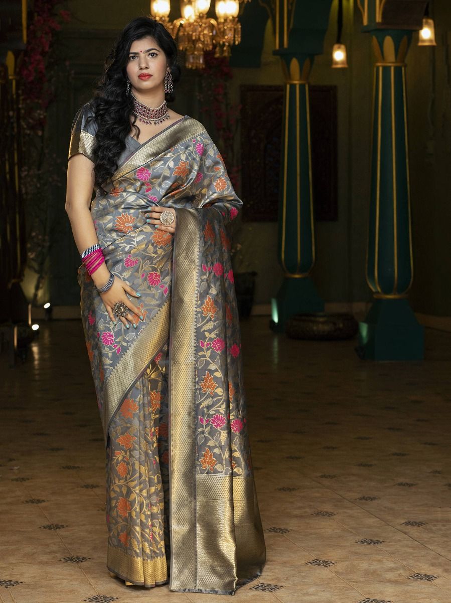 Delightful Grey Floral Weaving Banarasi Silk Festive Saree With Blouse