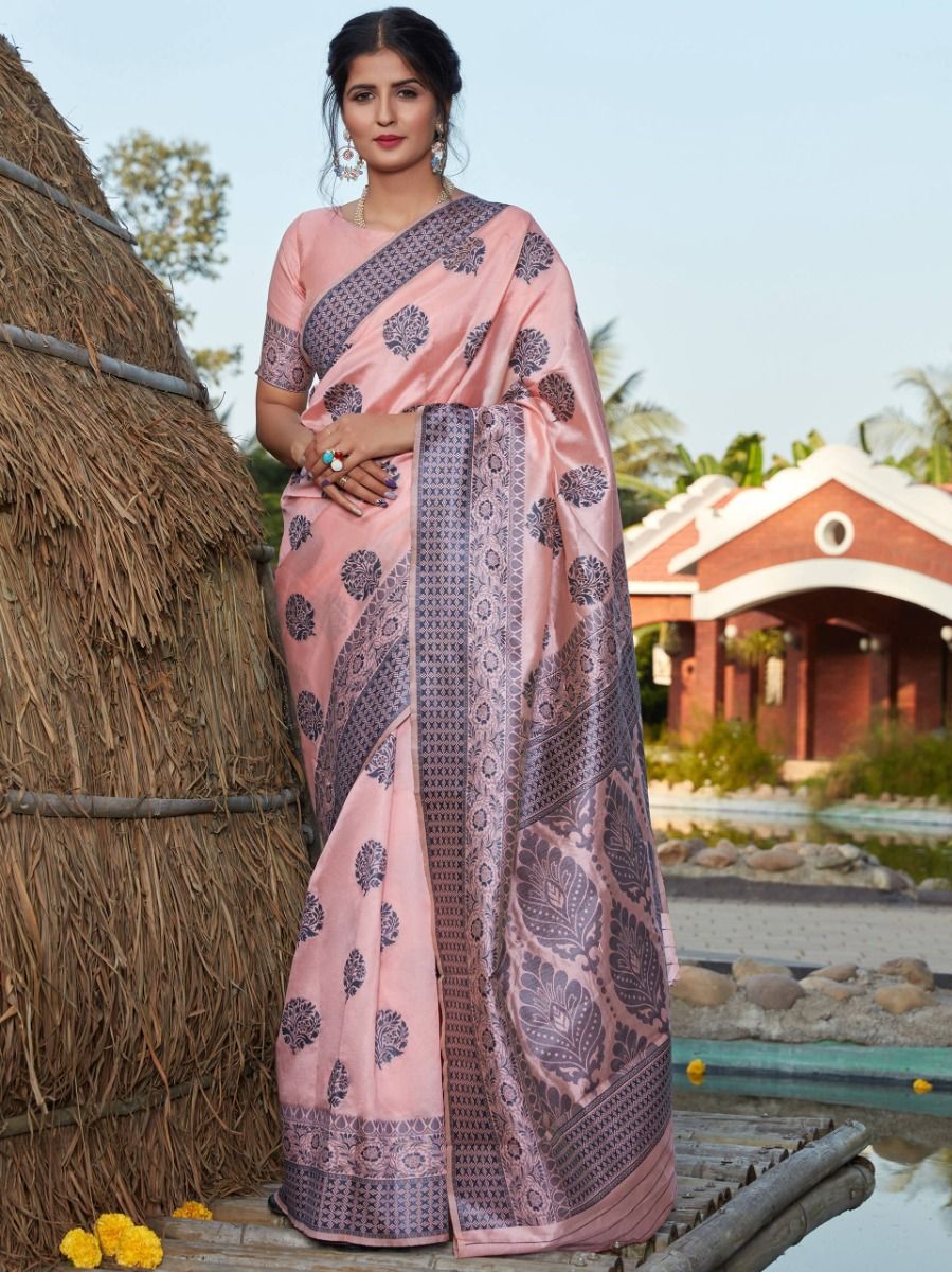 Dazzling Light Pink Weaving Banarasi Silk Festival Wear Saree
