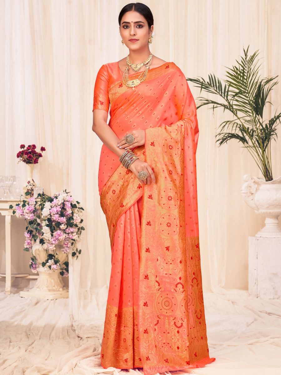 Lovely Peach Banarasi Weaving Silk Wedding Wear Saree
