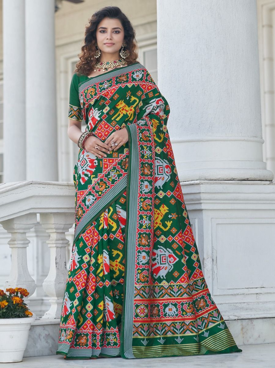 Green Patola Silk Saree With Embroidered Blouse | Kolour