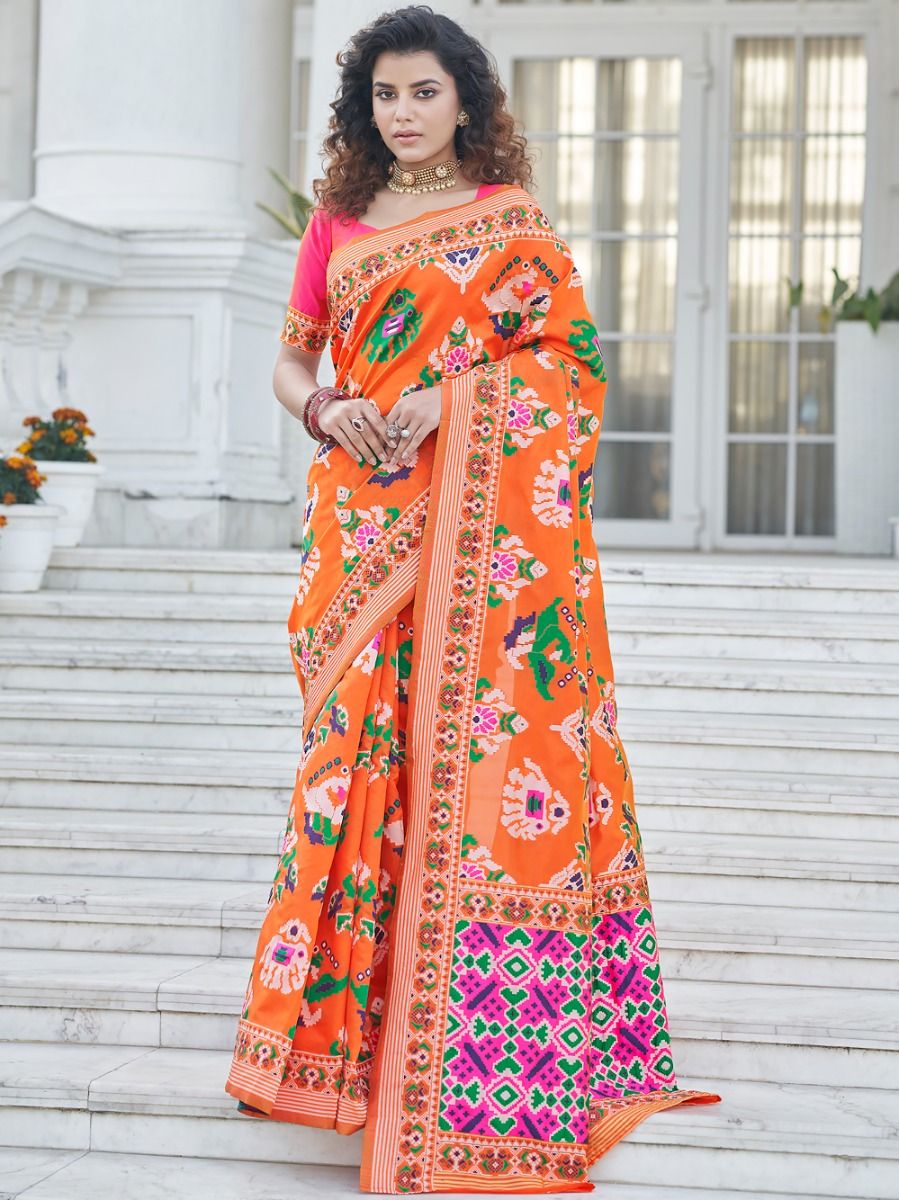 Smart Orange Patola Weaving Silk Wedding Wear Saree