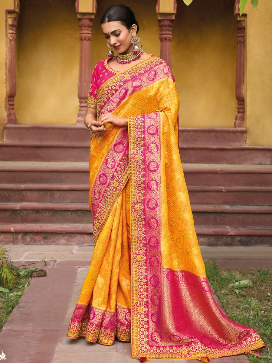 Glorious Yellow Embroidered Work Pure Dola Silk Traditional Saree