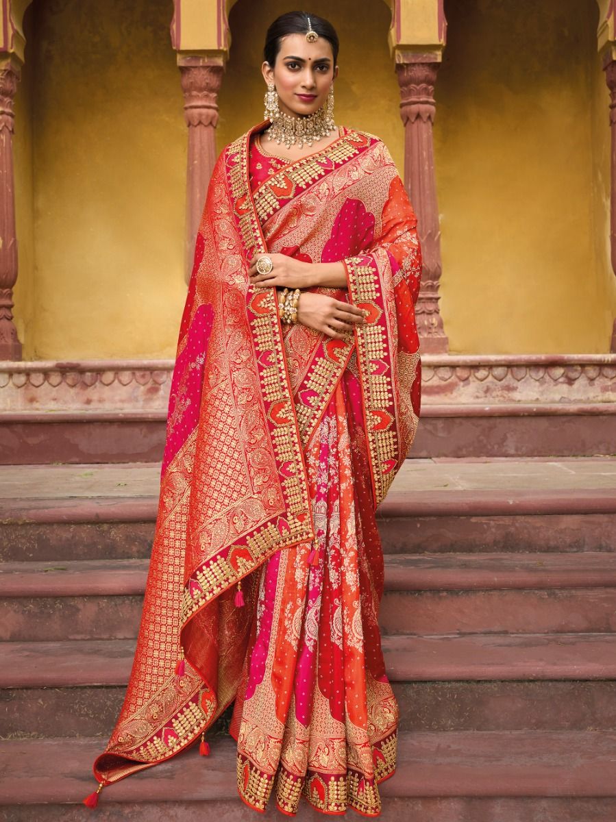 Entertaining Red And Pink Embroidered Work Pure Dola Silk Traditional Saree