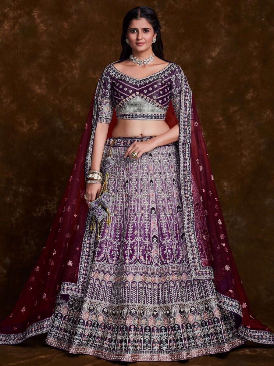 Buy Women Wine Floral Embroidered Lehenga Set With Blouse And Contrast  Dupatta - Clothing - Indya