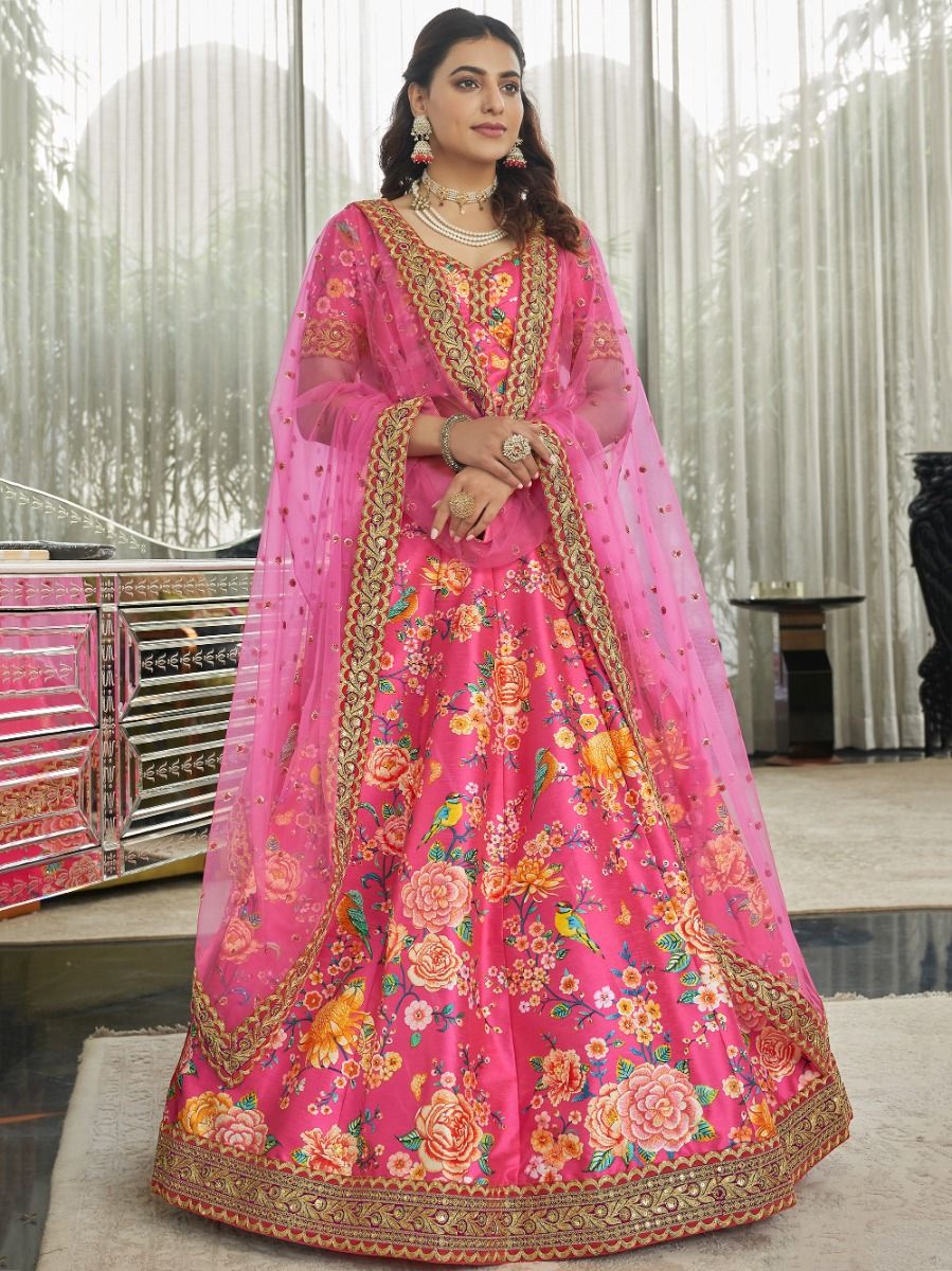 Deep Pink Floral Printed Art Silk Wedding Wear Lehenga Choli
