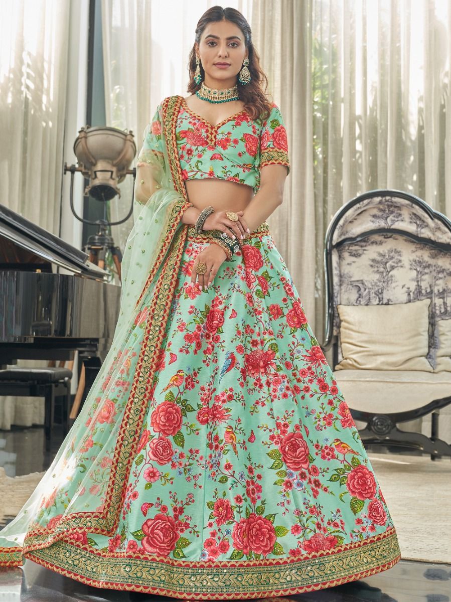 Mint Green Floral Printed Art Silk Wedding Wear Lehenga Choli
