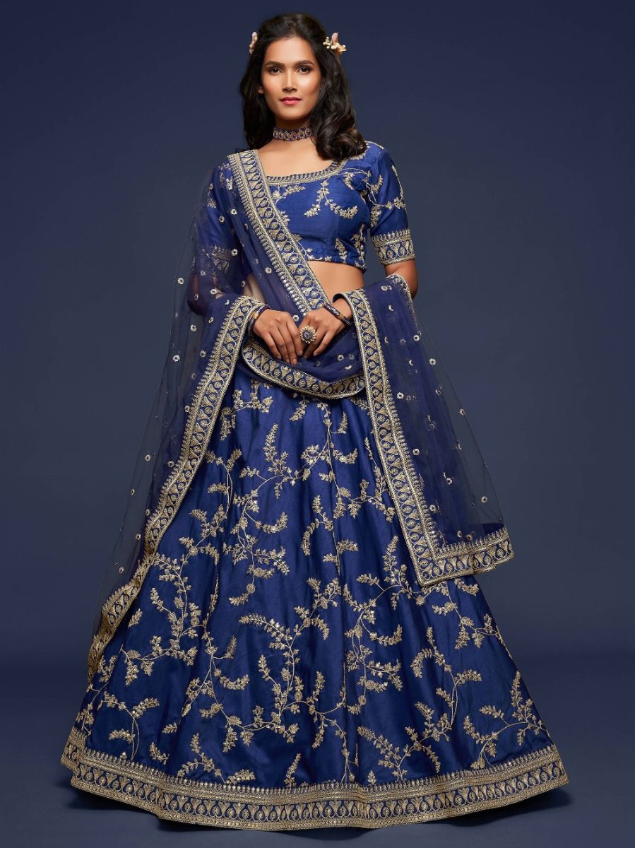 Enjoyable Blue Thread Embroidery Art Silk Wedding Lehenga Choli