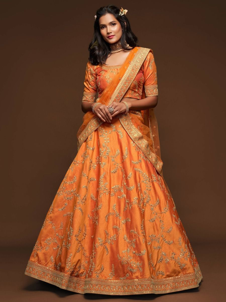 Superior Orange Thread Embroidery Art Silk Wedding Lehenga Choli