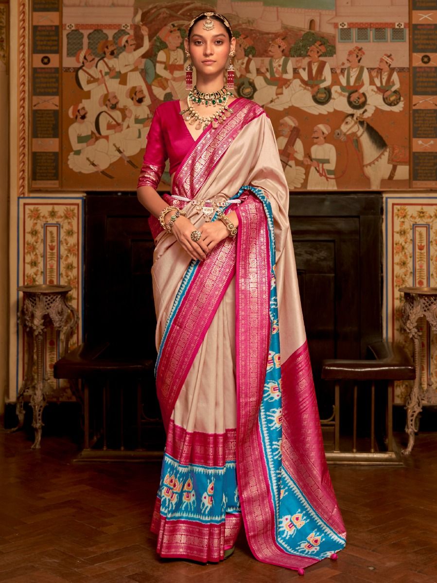 Beautiful Cream Patola Silk Wedding Wear Saree