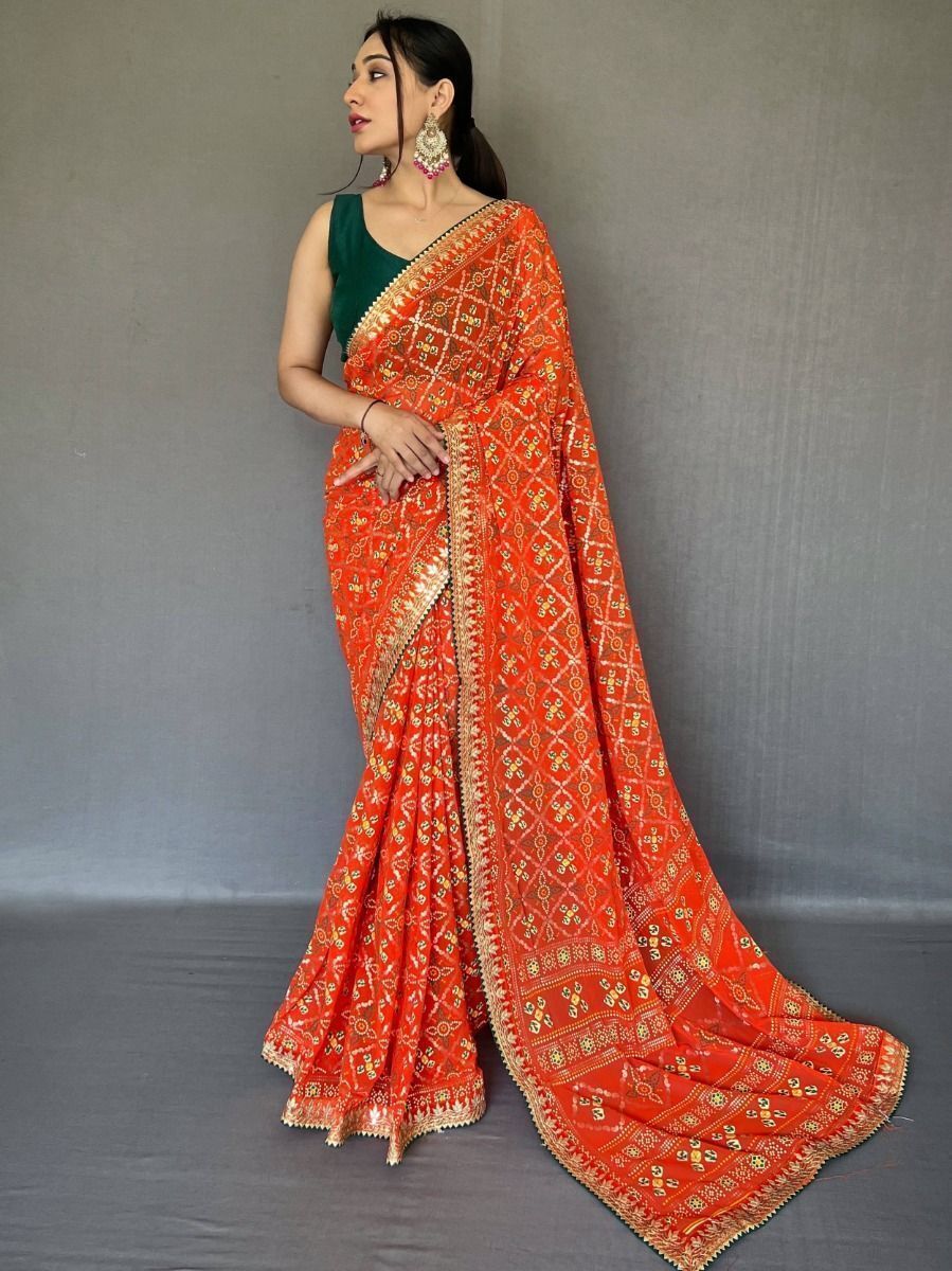 Classic Orange Printed Georgette Festival Wear Saree With Blouse