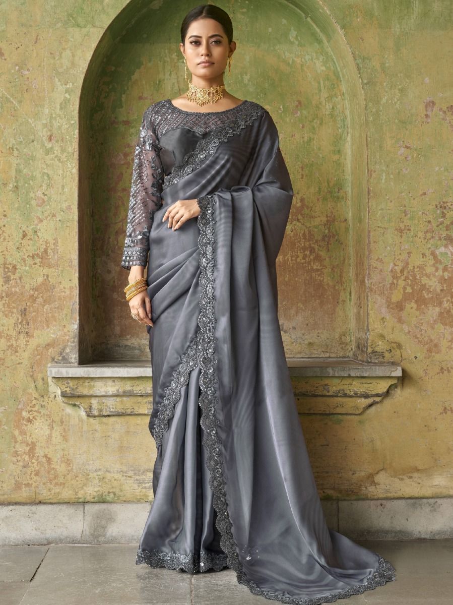  Astonishing Grey Embroidered Satin Party Wear Saree With Blouse
